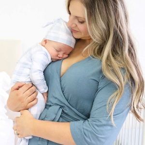 Blue Bamboo Knit Maternity Robe